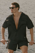 Satin Horizon Short Sleeve Button Up - Black