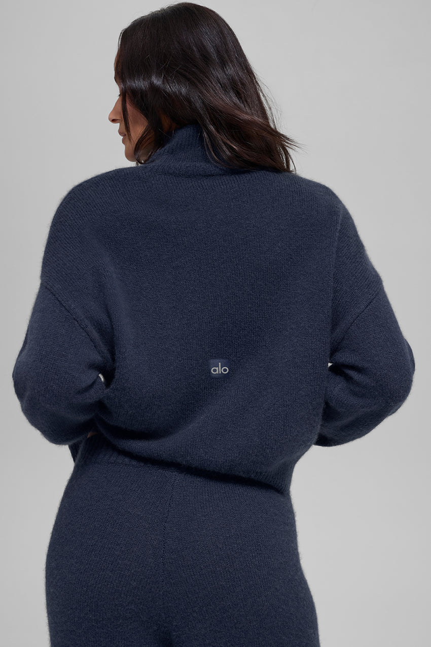 Wool Cashmere Cropped New Class Turtleneck Sweater - Navy