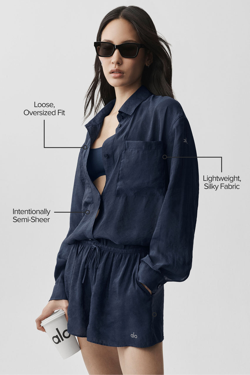 Semi-Sheer Golden Hour Button Down Long Sleeve - Navy