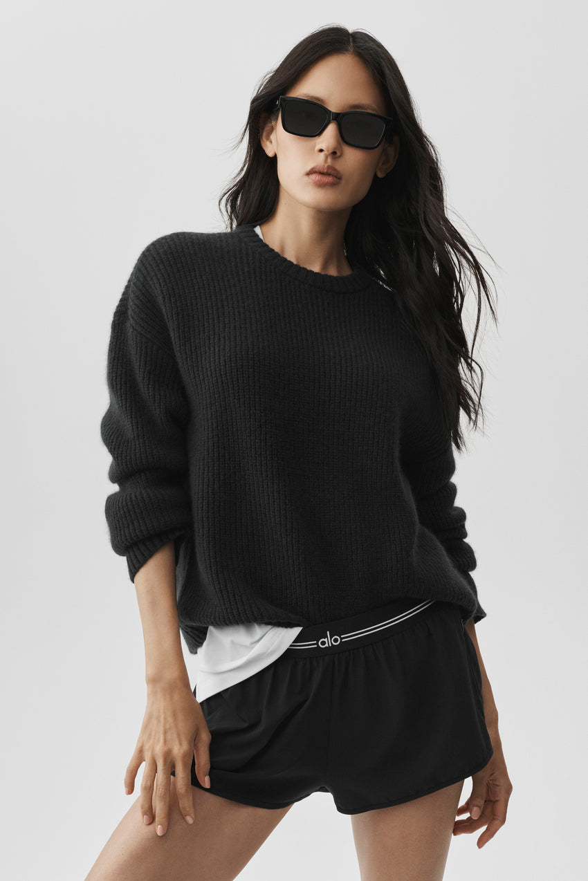 Wool Cashmere Ribbed Noble Crewneck Sweater - Black