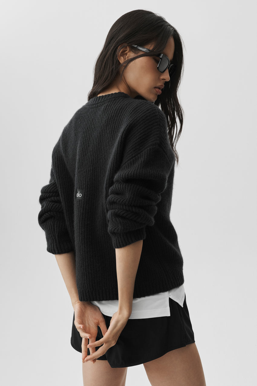 Wool Cashmere Ribbed Noble Crewneck Sweater - Black