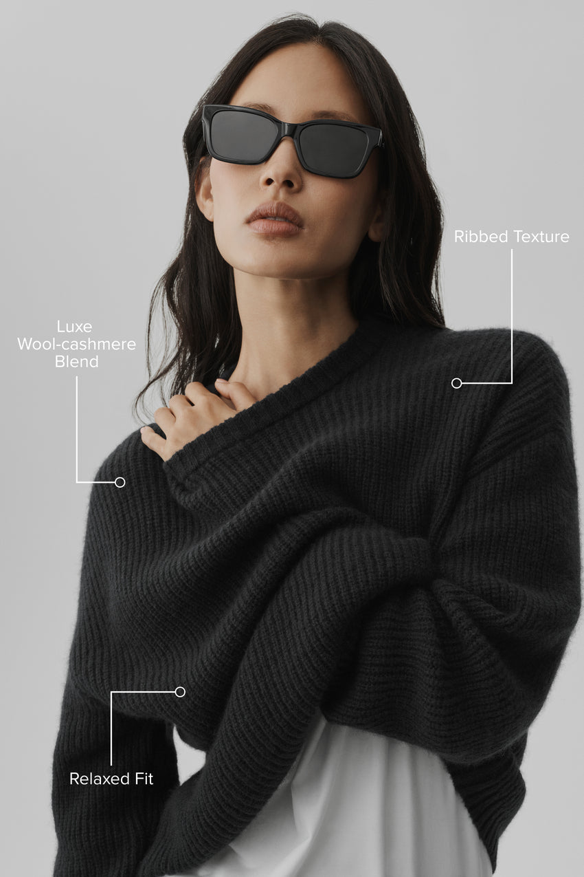 Wool Cashmere Ribbed Noble Crewneck Sweater - Black