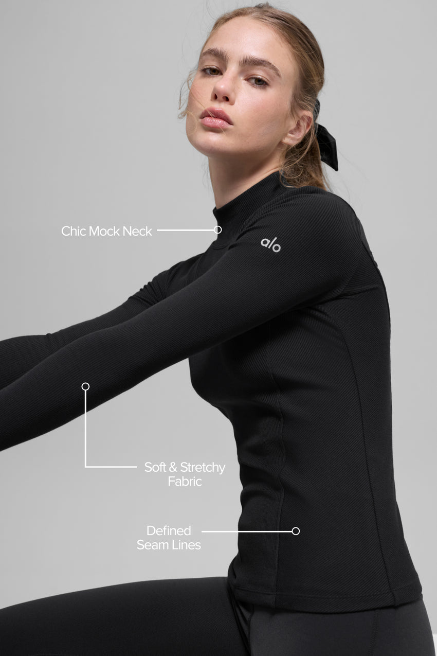Ribbed Mesmerize Mock Neck Long Sleeve - Black