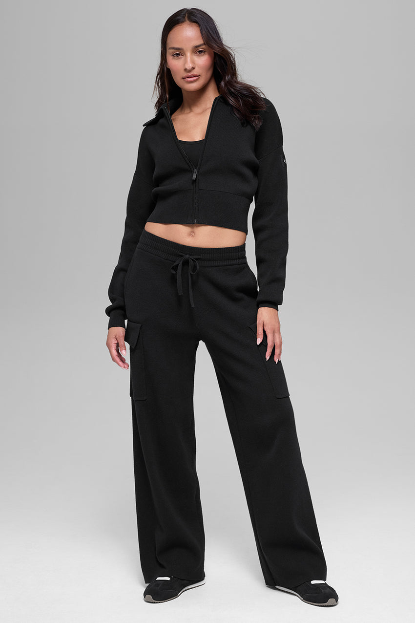 Scholar Knit Cropped Full Zip Jacket - Black